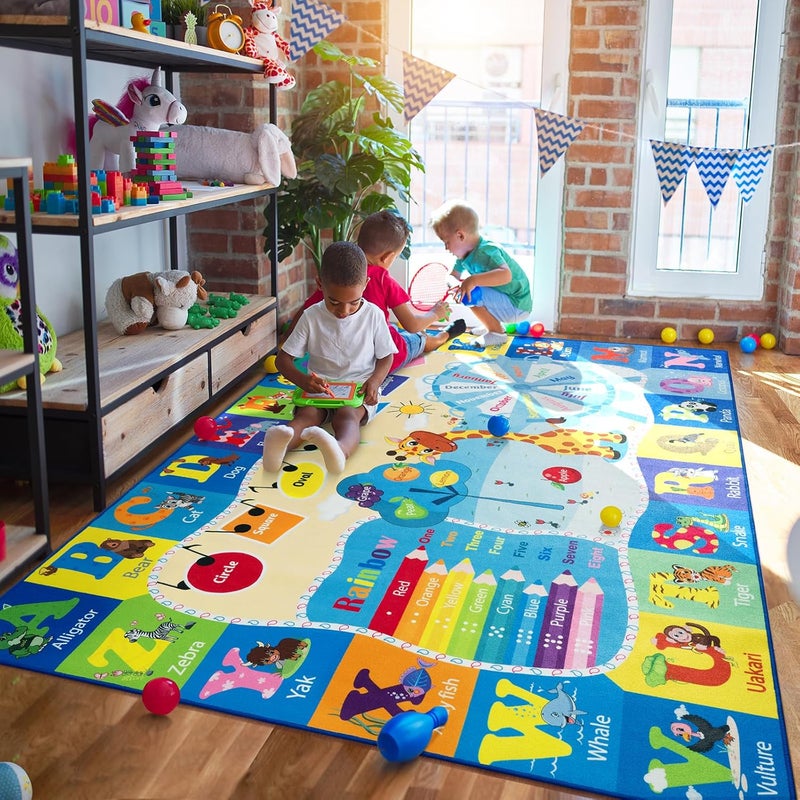 B BENRON 4x6 Playroom Rugs for Kids Washable, Educational and Fun Playmat with ABC Alphabet Animals Shapes Colors, Non-Slip Play Mat Learning Rugs for Baby Toddler Children Game Activity, Blue - Image 3